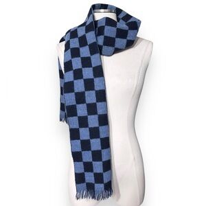 HANDCRAFT INC 100% Shetland Wool Long Scarf Tassels Blue Checkerboard VI…